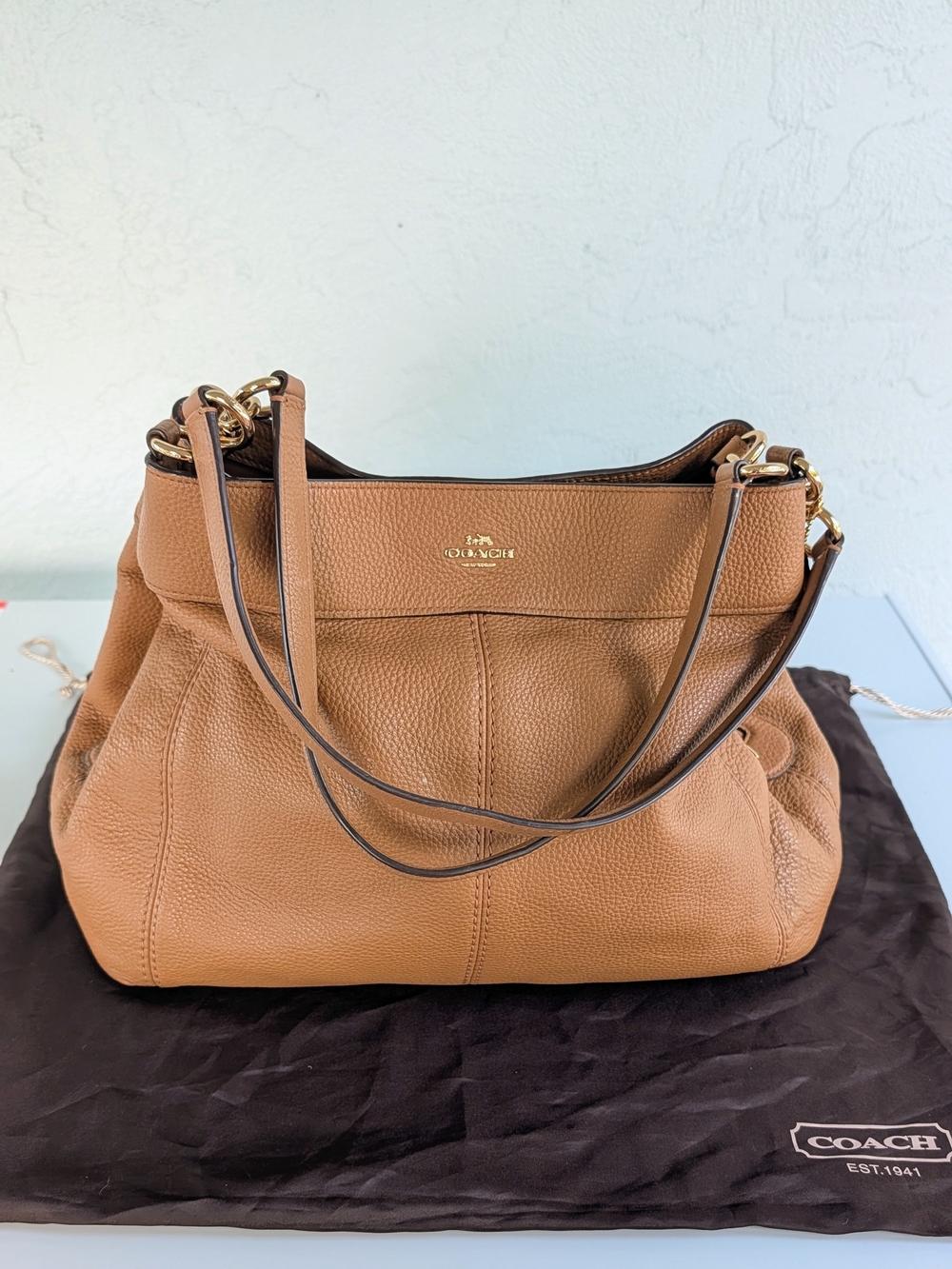Coach Pebbled Leather Shoulder Tote in Cognac Brown with Gold Hardware